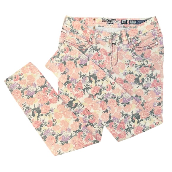 Miss Me Jeans Cargo Women's Sz 30 Pink Floral Print Cuff Skinny Jeans Low Rise✨ - Picture 7 of 13